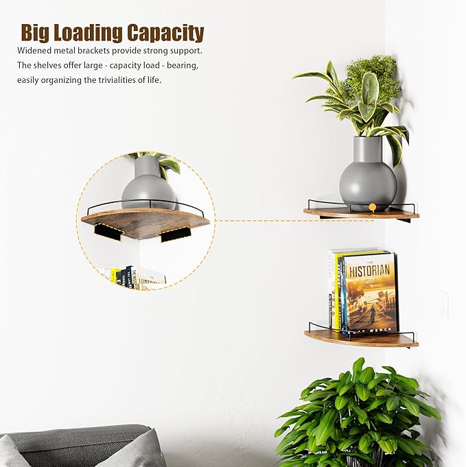 Corner Floating Shelves, Rustic Brown Wood, Set of 2, Wall Mount Storage with Guardrail for Bathroom Kitchen Living Room