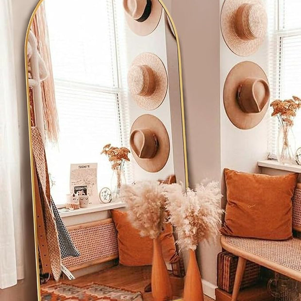 Arched Full Length Mirror, 76"x34" Large Floor Mirror with Stand, Wall-Mounted Gold Body Mirror for Bedroom