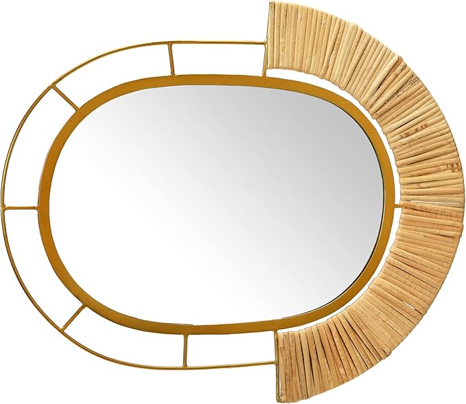Main + Mesa Oval Modern Boho Metal and Cane Framed Wall Mirror, Natural