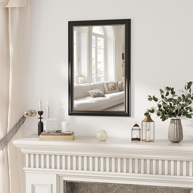 Axeman 24x36 Rectangular Wall Mirror, Decorative Bathroom Mirror, Traditional Vintage Wall Mounted Mirror with Beaded Frame for Accent Living Room Vanity Bedroom Entryway, Black