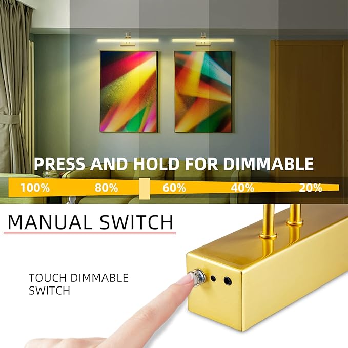 Picture Light,Picture Lights for Wall Cordless,13" Picture Lights with Timer and Dimmable,Battery Wall Lights for Display Gallery Painting Art Frame Portrait-Plated Gold