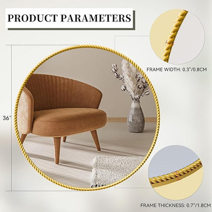 PROHOMEWARE Gold Round Bathroom Mirrors, 36 inch Circle Wall Mounted Hanging Mirror for Entryway, Living Room, Hallway, Bathroom, Bedroom