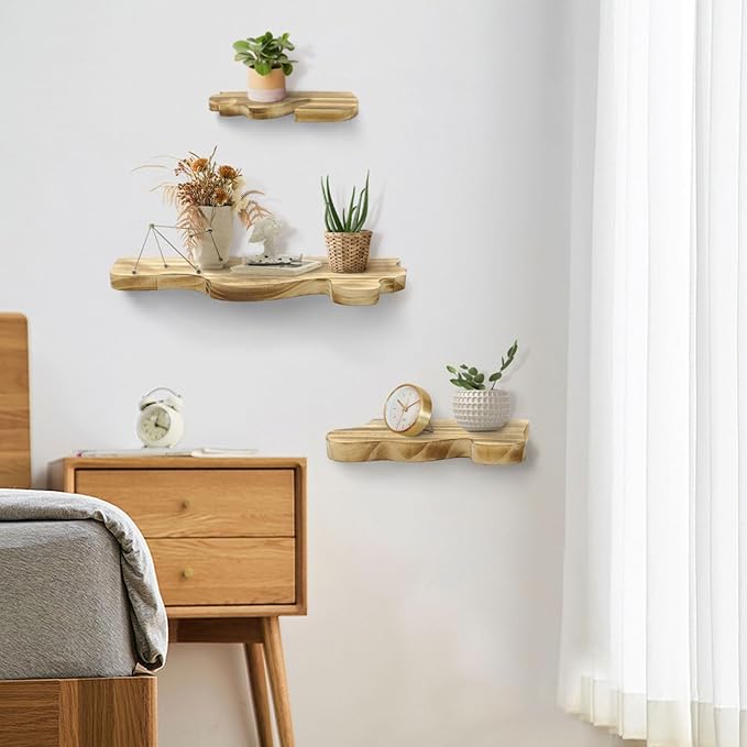3 Sets Small Floating Shelves for Wall, 3 Size Rustic Live Edge Floating Shelves with Invisible Metal Bracket for Living Room Bedroom Kitchen, Wooden