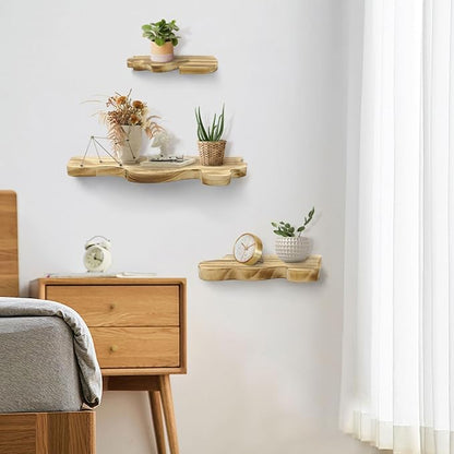 3 Sets Small Floating Shelves for Wall, 3 Size Rustic Live Edge Floating Shelves with Invisible Metal Bracket for Living Room Bedroom Kitchen, Wooden