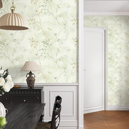 VaryStyle 17.7"x393" Vintage Leaf Branches Wallpaper Light Green/Yellow Foggy Tree Twigs Forest Peel and Stick Wallpaper for Kitchen Removable Waterproof Sticky Retro Contact Paper for Drawers Shelves