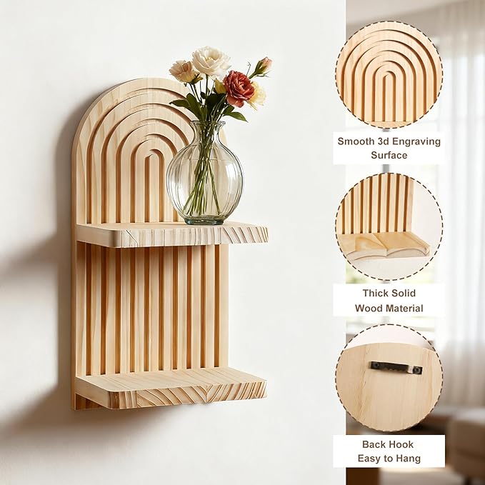 Artilady 2 Pack Boho Wall Hanging Shelves - 2 Tier Handmade Rainbow Arch Solid Wood Floating Shelf Wall Decor Trinket Storage Rack for Bedroom Living Room Nursery Bathroom