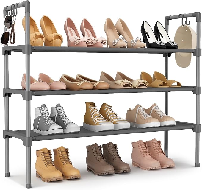 3 Tier Shoe Rack for Closet, Shoe Organizer with 5 Hooks, Long Shoe Shelf Storage for Shoe and Boot Stackable Free Standing Shoe Rack for Entryway, Garage, Small Spaces, Dorm, Grey