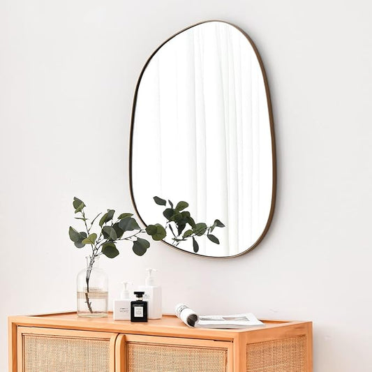 Asymmetrical Mirror for Wall Decor 21"*27", Modern Brass Framed Wall Mirror for Living Room Bathroom Bedroom Entryway ELE-STOU-0065G