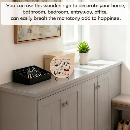 Coffee And Wine Desk Decor Sign, Rustic Funny Wooden Box Plaque, A Good Day Starts With Coffee And Ends With Wine Wood Sign, Decor For Home Kitchen Tabletop, Wooden Round With Stand-06