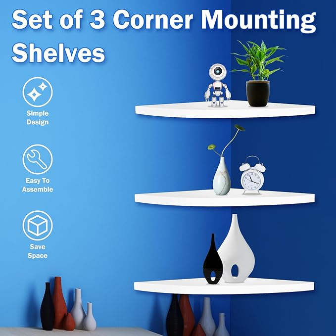 3Pcs Corner Mounting Shelf 20cm Wall Mounted Space Saving Wall Corner Shelf Easy to Install Corner Floating Shelves Minimalist Corner Wall Shelf for Bedroom Living Room Bathroom ZHAZHAMO