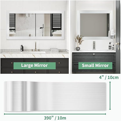Peel and Stick Wallpaper Borders 390” x 4” Self Adhesive Mirror Frame Border Brushed DIY for Kitchen Bathroom Mirror Removal Border Sticker Wall Decor Cover 10.8 Sq.Ft, Brushed Sliver