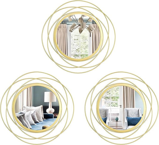 Cityelf 3 Set 13 Inch Gold Circle Mirrors Wall Decor Iron Frame Wire Mirror Metal Circular Mirror Home Decor Hanging Mirrors for Room/Bedroom/Bathroom/Entryway