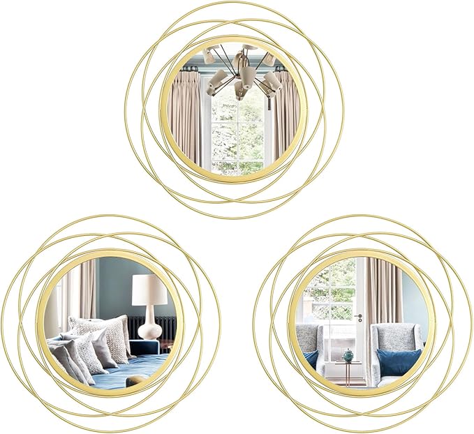 Cityelf 3 Set 13 Inch Gold Circle Mirrors Wall Decor Iron Frame Wire Mirror Metal Circular Mirror Home Decor Hanging Mirrors for Room/Bedroom/Bathroom/Entryway