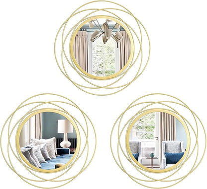3 Set 9.5 Inch Gold Circle Mirrors Wall Decor Iron Frame Wire Mirror Metal Circular Mirror Home Decor Hanging Mirrors for Room/Bedroom/Bathroom/Entryway