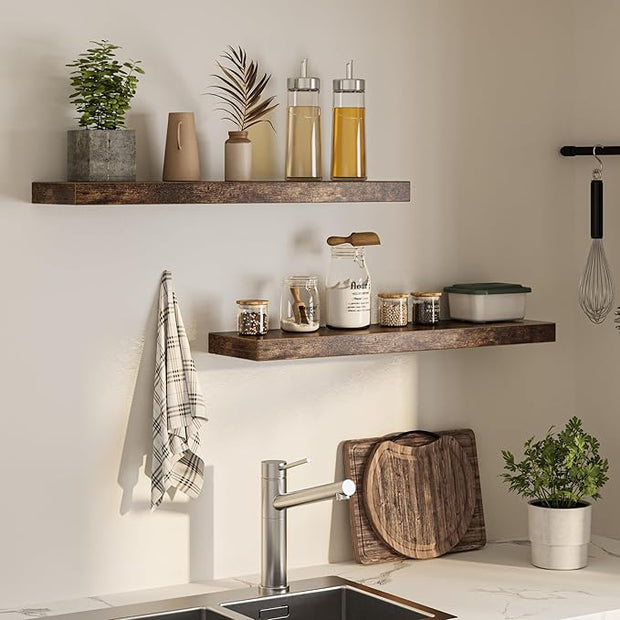 Floating Shelves for Wall, 36"W x 8"D x 1.5"H, Wooden Wall Mounted Display Shelves with Invisible Brackets for Living Room, Bedroom, Bathroom, Kitchen Decor and Storage, Set of 2, Rustic Brown