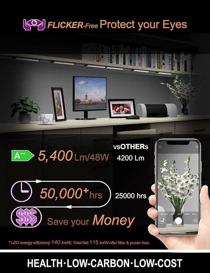 EBD LED Under Shelf Lights, 4-Way Splitter Light Bar, 12-Panel Cabinet Lighting, 4500K 5400Lm Counter Lights with Slack-Free Wiring, Maximized for Spacious 4-Layer Showcase, Bookcase & Storage Rack
