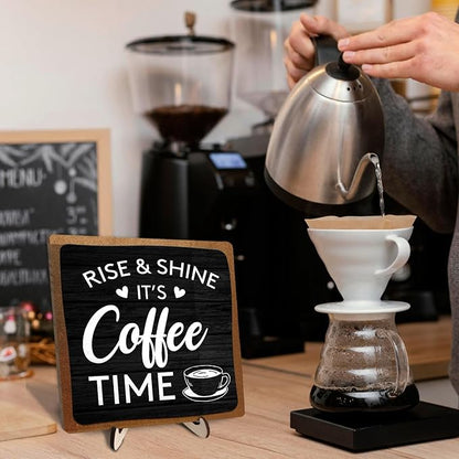 Coffee Bar Decor Sign, Coffee Bar Accessories, Funny Coffee Bar Desk Decor, Rustic Wooden Plaque Coffee Sign Farmhouse Coffee Bar Derco Signs For Coffee Station, Coffee Shelf Decor(Black+Brown05)