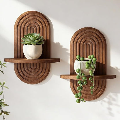 Set of 2 Boho Arched Floating Shelves 15.7”x 7.8”3D Wooden Hanging Shelf for Living Room Bedroom Nursery Mid Century Modern Wall Decor(Dark Brown, 11.7 * 15.7)