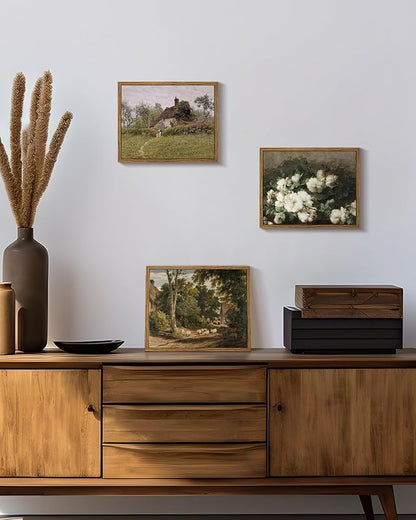 InSimSea Framed Canvas Wall Art Vintage Decor, Room Decor Classical Countryside Landscape Watercolor Painting Canvas Prints Wall Art for Living Room Badroom Farmhouse Bathroom Decor, 8"x10"
