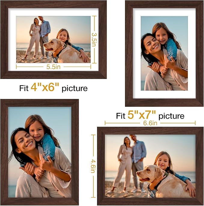 Vittanly 5x7 Picture Frame Set of 4, Display Pictures 4x6 with Mat or 5x7 without Mat, Engineered Wood with Shatter Resistant Plexiglass, Small Photo Frames for Wall or Tabletop Display, Brown