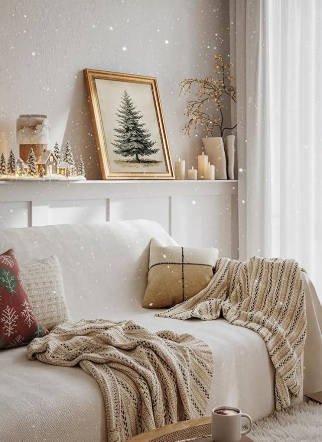 VIYYIEA Gold Framed Canvas Art, Vintage Christmas Tree Decor, 12x16Inch, Winter Retro Pine Picture Painting Gifts, xmas Decorations for Bedroom Living Room Shelf Fireplace