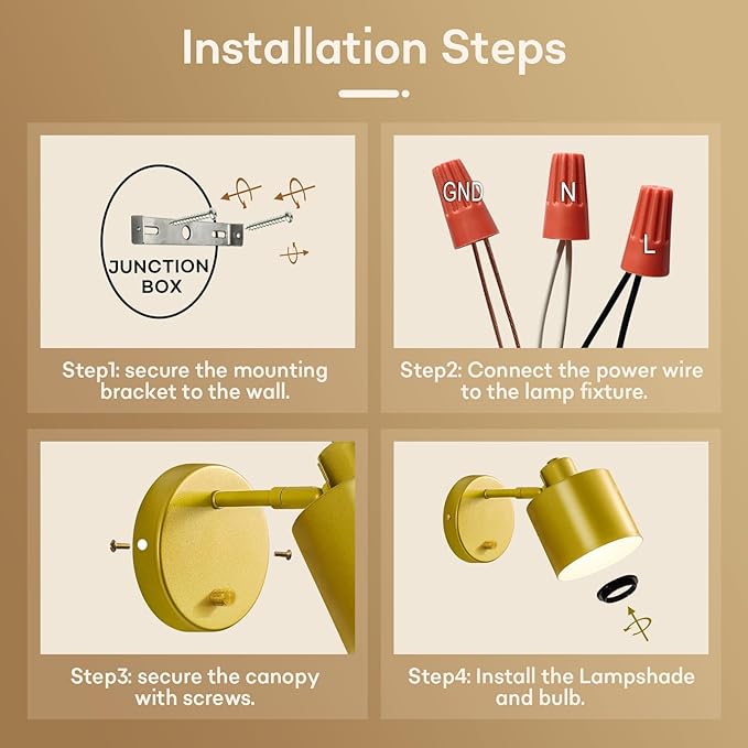 Lightess Sconces Wall Decor Set of 2 with Switch, 350° Rotatable Dimmable Gold Wall Sconce Hardwired, Industrial Wall Lights for Living Room, Bedroom, Bathroom, Hallway, (Not Included Bulb)