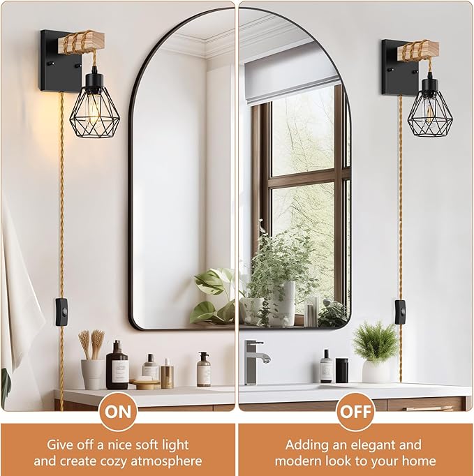 Farmhouse Wood Wall Sconces with Plug in Cord, Black Wall Sconces Set of Two, Wall Lamps that Plug into Wall Outlet, Vintage Sconce Lighting Wall Decor for Bedroom Living Room, with 5.58FT Cord