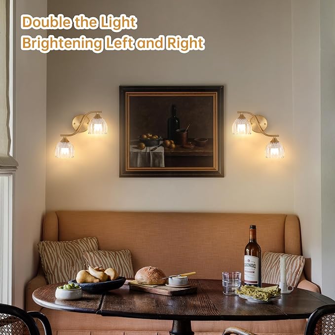 Battery Operated Wall Sconce, 2-Lights Vinatge Brass Wall Lighting with Clear Tluip Shade Rechargeable Bulb with Remote for Living Room, Bedroom，Symmetrical 2 Pack