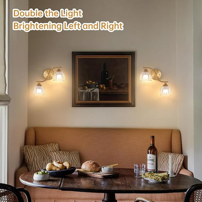 Battery Operated Wall Sconce, 2-Lights Vinatge Brass Wall Lighting with Clear Tluip Shade Rechargeable Bulb with Remote for Living Room, Bedroom，Symmetrical 2 Pack
