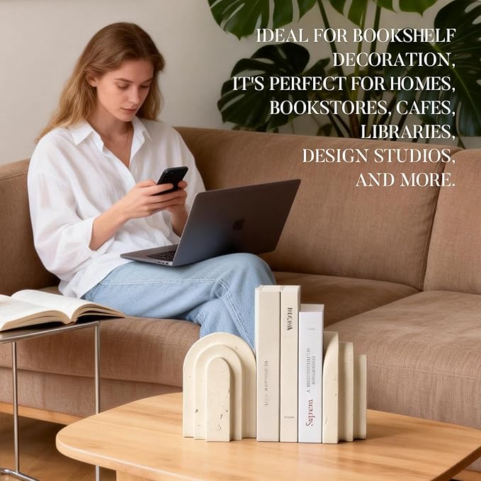 Book Ends for Heavy Books, Beige Modern Pleasing Layered Arch Design Aesthetic Bookend Decorative, Concrete Book Ends to Hold Books Heavy Duty for Bookshelf Decor, Home Decor, Office Decor