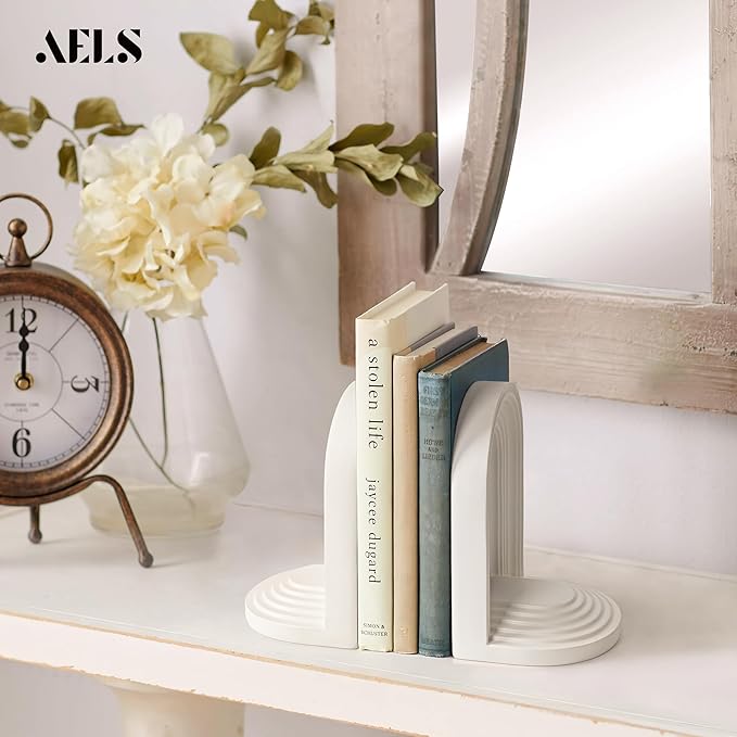 AELS Mordern Bookends, Mid Century Arch Heavy Duty Book Ends, Unique Decorative Bookend Supports for Shelves, Office Desktop Book Stand, Stopper for Books/Movies/CD, Cream