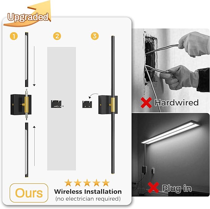 L LOHAS LED Battery Operated Wall Sconces Set of 2, Battery Wall Sconce 10000mAh, Black and Gold Rechargeable Sconces 3CCT, 28.1 Inch Wireless Wall Lights, Sconce Wall Decor for Bedroom, Living Room