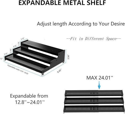 Expandable Spice Rack organizer with 3-Tier step shelf,Modern Design heavy duty,Non Skid and Visibility ,Great for Kitchen Cabinet,Bathroom,dressing table,Cupboard, Pantry and more(2PACKS/BLACK)