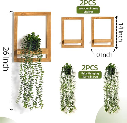 2 Pack Wooden Shelves with Fake Hanging Plants for Wall Decor, Modern Farmhouse Wood Wall Art for Living Room, Bathroom (Light Brown)