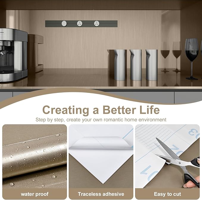 Stainless Steel Contact Paper 15.7"x 472" Thickened Gold Metallic Peel and Stick Wallpaper for Appliances Decorative Self Adhesive Stainless Steel Contact Paper for Fridge Kitchen Dishwasher Cabinets