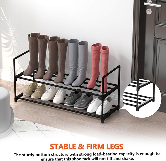 2 Tier Metal Shoe Rack,Adjustable Shoe Shelf Storage Organizer,Stackable Boot & Shoe Storage,for Entryway,Hallway,Closet,Black