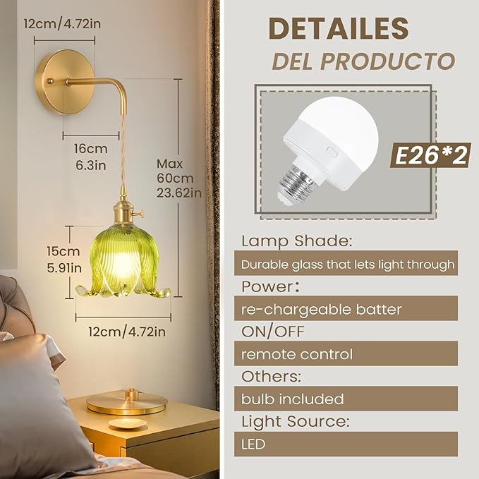 Battery Operated Wall Sconce Set of 2,Adjustable Chain Retro Gold Wall Mounted Light,Rechargeable Wall Light with Remote, Wireless Indoor Wall Lamp for Living Room Bedroom
