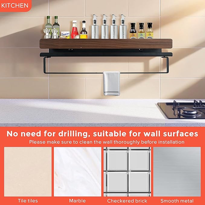 Bathroom Shelf 40 Inch, Wall Mounted Organizer with Towel Rail & Self-Draining - Space Saver with Removable Clips for Kitchen, Living Room, Solid Walnut Finish