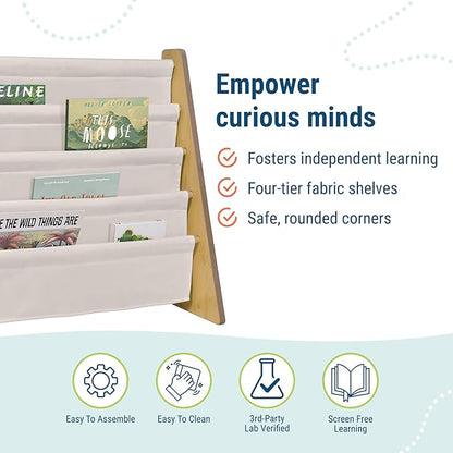 Wildkin Wooden Sling Bookshelf for Kids – Premium Canvas Design with 4 Fabric Shelves, Organizer for Home or Classroom - Natural w/Tan