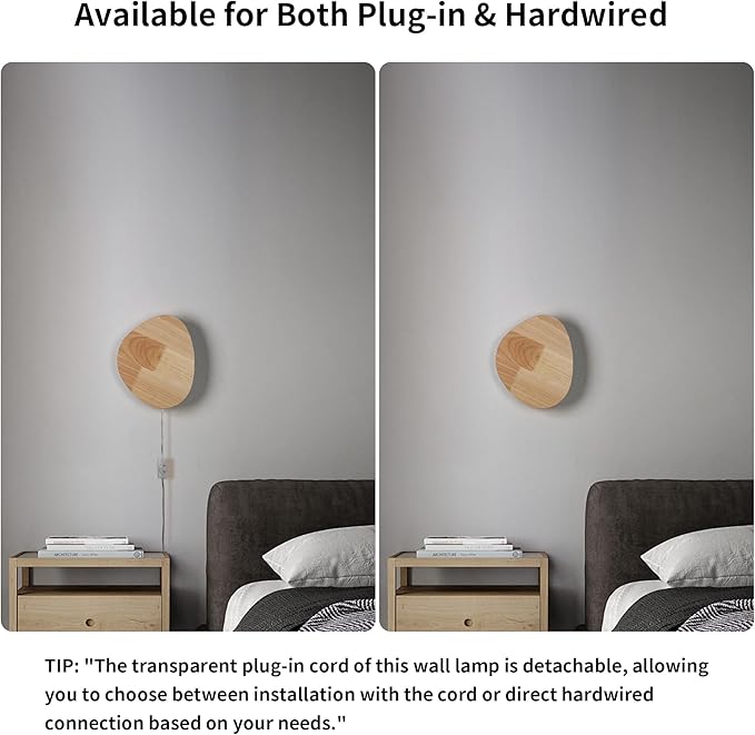 Modern Minimalist Plug in Wall Sconces, 9.4'' Plug-in Or Cordless Wood Backlight LED Wall Lamp, 12W, 1100LM Warm White Brightness Wall Light Fixtures for Bedroom, Living Room Wall Décor