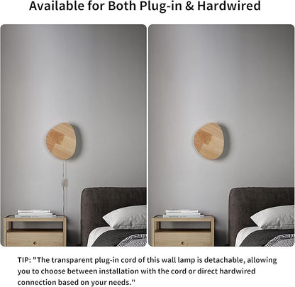 Modern Minimalist Plug in Wall Sconces, 9.4'' Plug-in Or Cordless Wood Backlight LED Wall Lamp, 12W, 1100LM Warm White Brightness Wall Light Fixtures for Bedroom, Living Room Wall Décor