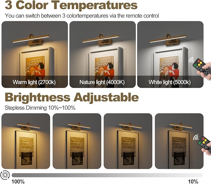 Picture Lights for Wall Battery Operated 3 Colors Dimmable Lights for Pictures On Wall 15.56 Inch Brass Art Lighting for Paintings Wireless Gallery Light Poster Lights with Remote and Timer