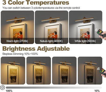 Picture Lights for Wall Battery Operated 3 Colors Dimmable Lights for Pictures On Wall 15.56 Inch Brass Art Lighting for Paintings Wireless Gallery Light Poster Lights with Remote and Timer