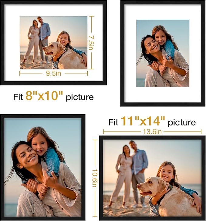 Vittanly 11x14 Picture Frame Set of 4, Display Pictures 8x10 with Mat or 11x14 without Mat, Engineered Wood with Shatter Resistant Plexiglass, Wall Gallery Photo Frames for Wall or Tabletop, Black