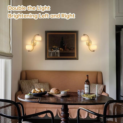 Battery Operated Wall Sconce, 2-Lights Vinatge Brass Wall Lighting Up and Down with White Tulip Shade for Living Room, Bedroom, Symmetrical 2 Pack