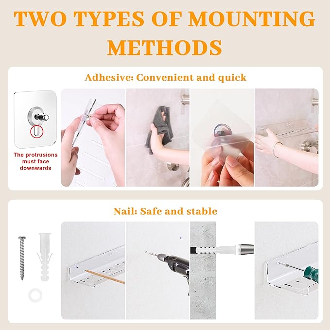 2 Pack Adhesive PET Floating Shelves for Wall, Living Room, Kitchen, Bathroom Organizers and Storage with Adhesive Hooks (for No Drilling) and Drilling Screws