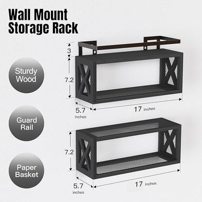 RICHER HOUSE Floating Shelves with Guardrail, Rustic Wood for Wall Décor, Farmhouse Bathroom Accessories Mounted, Organizer over Toilet Storage, Kitchen, Living Room - Black