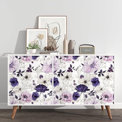 Watercolor Floral Peel and Stick Wallpaper,Purple/White/Pink Flower Contact Paper, Botanical Wall Paper Self Adhesive Removable Waterproof for Bedroom Shelves Cabinet Drawer Table Decor 17.5" x 393.7"