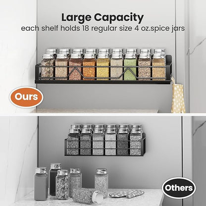 16.9 Inch Wide Large Capacity Magnetic Spice Rack for Refrigerator, 6 Pack Metal Fridge Shelf, Black