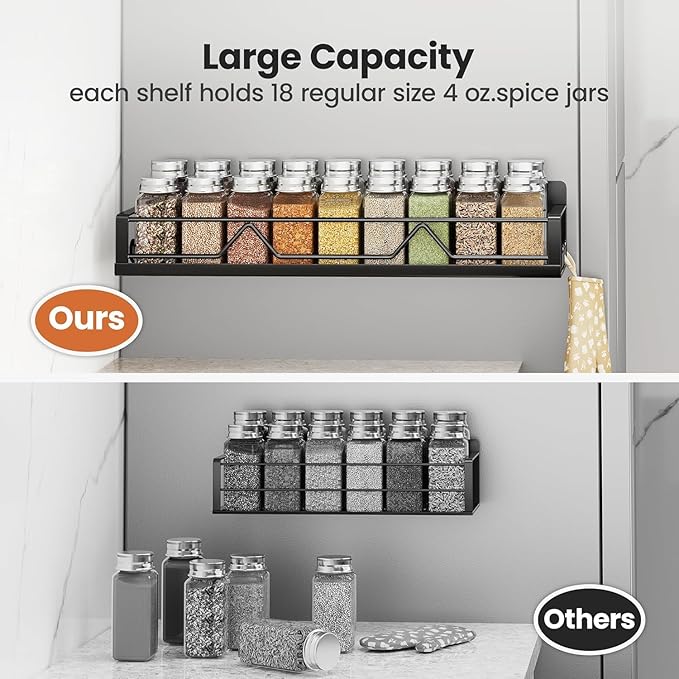 16.9 Inch Wide Large Capacity Magnetic Spice Rack for Refrigerator, 6 Pack Metal Fridge Shelf, Black